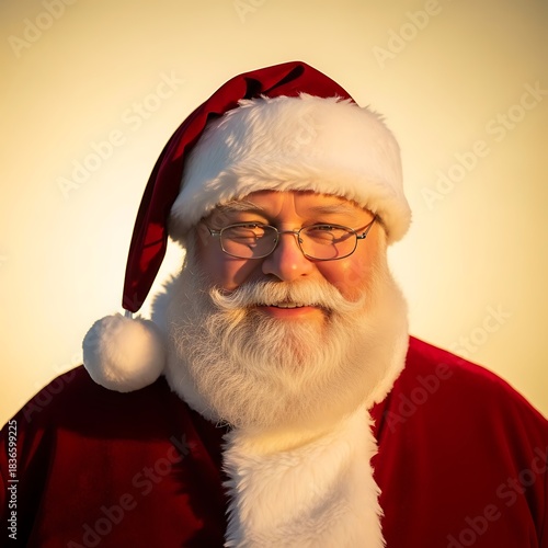 Warm Portrait of Smiling Santa Claus with Glasses and Golden Light
