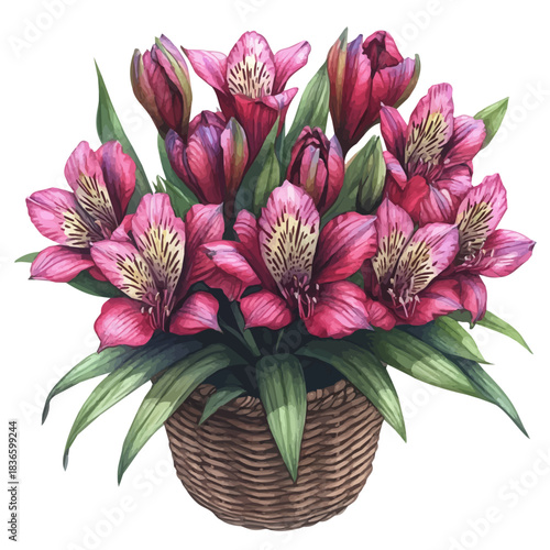 Alstroemeria Bouquet In A Basket, watercolor vector portraying a joyful pose with colorful highlights, isolated on a white background.