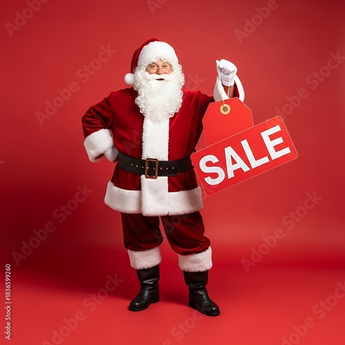 Santa Claus Promotes Christmas Sale with Red Tag on Red Background