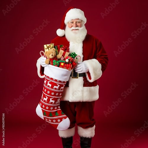 Santa Claus with a Stocking Full of Gifts on Red Background