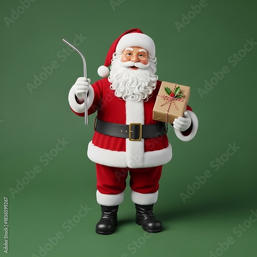 Santa Claus with Metal Straw and Gift on Green Background
