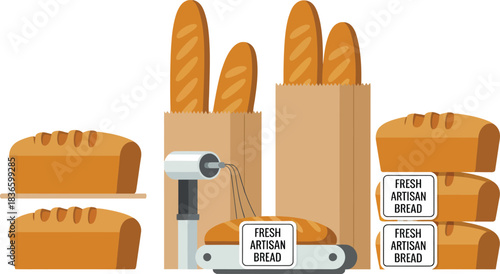 Artisan Bakery Display with Fresh Bread Baguettes Loaves on Conveyor Belt and Shelves vector Illustration at Checkered Background