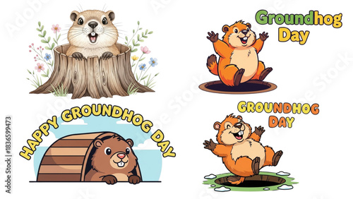 Cute cartoon groundhogs celebrating groundhog day with cheerful expressions and festive decorations