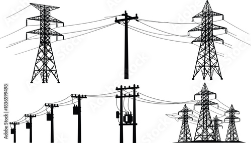 High-voltage electrical power transmission towers and distribution poles carrying electricity wires across landscape, representing the modern energy infrastructure, grid system,
