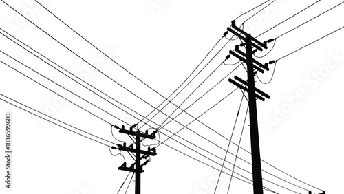 Overhead Power Lines Silhouette Against White Sky, Intersecting Utility Poles Carrying Electricity and Communication Cables, High-Tension Transmission Infrastructure Creating Graphic Urban Texture.