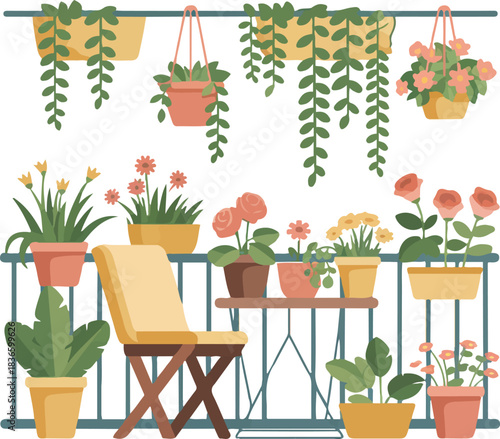 Balcony with many potted flowers, chair and table. Urban garden landscape vector illustration