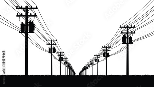 Power line transmission towers silhouette vector illustration drawing perspective view along street electric poles and wires supplying city residential area utilities and electrical energy