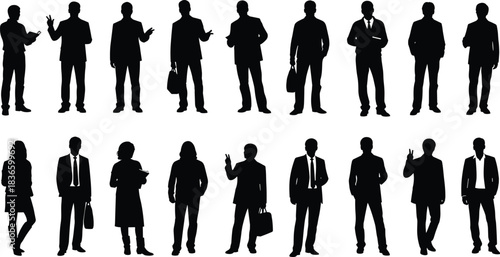 Professional business people silhouettes set vector, corporate team standing, diverse coworkers community, leadership and management, full-length portraits, successful executive men and women, 