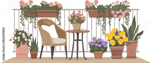 Balcony with Table Chair and Potted Flowers in City Apartment for Relaxation on Transparent Background Vector Illustration