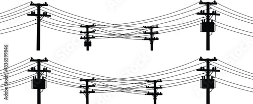Silhouette Vector of Electrical Power Utility Poles and Wires against Sky Backdrop, Complex Network System, Electricity Transmission, Distribution, and Infrastructure,