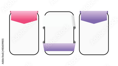 Three vertical mobile screen mockup templates with colorful banner tabs