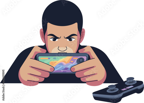 Boy gamer is playing mobile game with serious emotions vector illustration