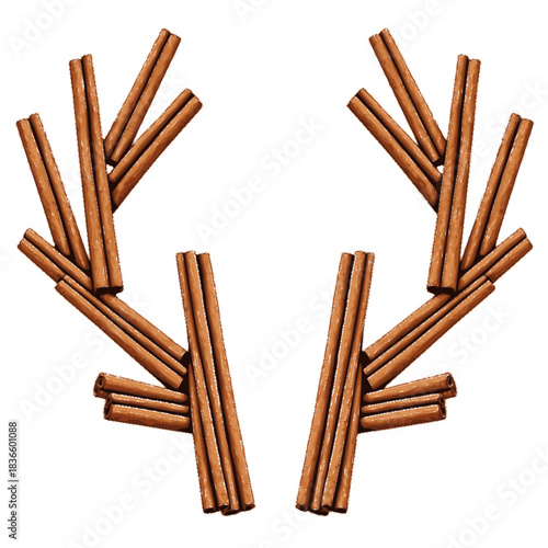 Cinnamon sticks arranged in antler shape on a white background  