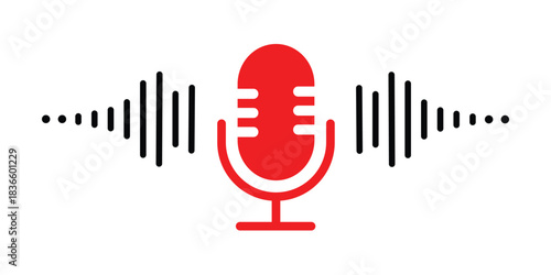 Microphone icon with sound waves, audio voice recognition, recording voice message sign, speech podcast mic symbol