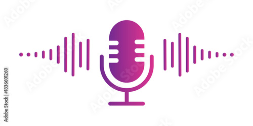 Microphone icon with sound waves, audio voice recognition, recording voice message sign, speech podcast mic symbol