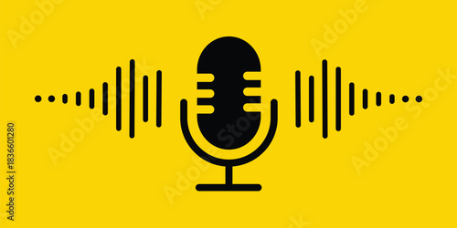 Modern condenser microphone icon with dynamic sound wave visualizer, representing audio production, digital podcasting, live streaming, voice commands, recording studio, broadcasting