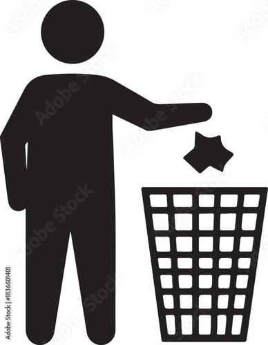 Simple black and white pictogram of a person discarding waste into a bin