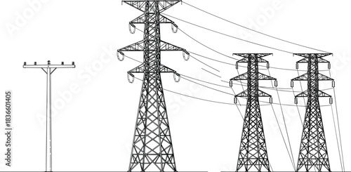 Vector blueprint drawing of electrical transmission towers, pylons, and utility pole; high-voltage lattice steel structures carrying power lines for energy distribution and