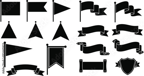 Vintage Flag Banner Ribbon Shield Vector Set Silhouette Collection, Black And White Medieval Heraldry Symbol Graphic Kit, Template For Certificate Scroll Pennant Design Element, 