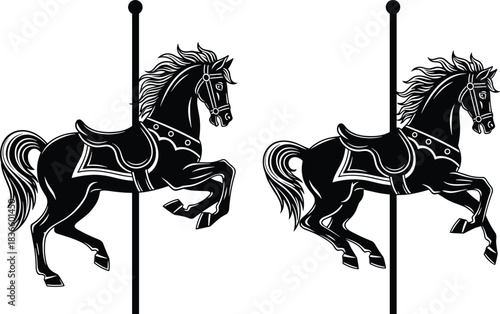 Vintage Merry Go Round Carousel Horse Silhouette Vector Design for Fair Carnival Amusement Park Ride Graphics, Classic Retro Entertainment Childhood Fun.