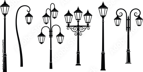 Vintage Street Lamp Post Set: Silhouette Collection of Elegant Retro Victorian City Lanterns for Park, Garden, and Urban Outdoor Lighting Decoration Designs, Isolated Vector Illustration