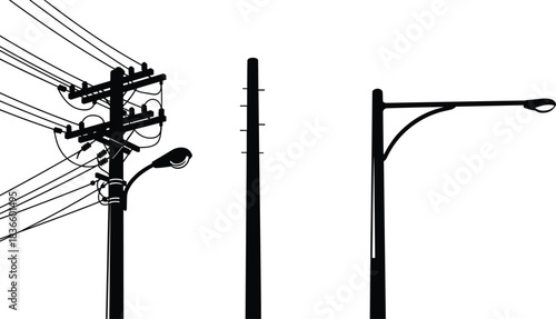 💡 Urban electricity utility and street light poles silhouette vector illustration, dark black outlines against white sky, essential infrastructure for cityscape development and power distribution.