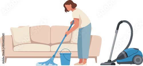 Cleaning Home with Mop and Vacuum Cleaner Vector Illustration in Modern Cartoon Style Flat Design of Interior