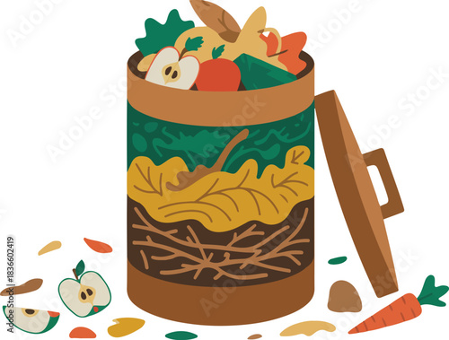 Compost Bin with Organic Waste Vector Illustration of Food and Yard Scraps for Recycling and Sustainable Living in Garden