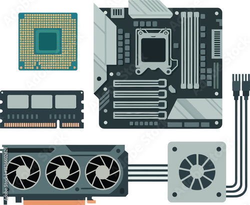 Computer Motherboard with Ram Modules Central Processing Unit Graphics Card and Cooler Fan on Transparent Background Vector