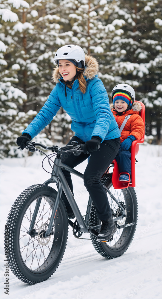Fototapeta premium Happy mother riding a fat bike with her son in a child seat through a snowy winter forest. Vertical photo of family enjoying outdoor winter activities. Active lifestyle concept