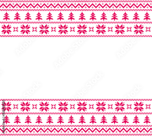 Seamless Christmas Pattern in with Pine Needle Garlands and Snowflakes Art. Old classic knitted Holiday sweater pattern in pink on white background. Winter ornament fabric embroidery wallpaper.