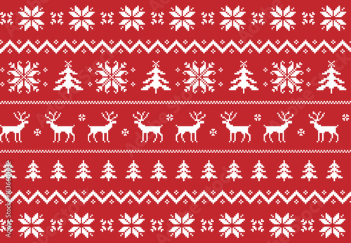 Seamless Christmas Pattern White on Red Background. Old classic knitted xmas sweater style embroidery imitation. Winter holiday vector art with snowflakes, evergreen trees and reindeers.