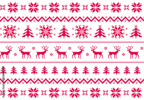 Seamless Christmas Pattern in Red on Transparent Background. Old classic knitted Christmas sweater pattern magenta color. Embroidery style retro holiday vector art for wallpapers or fabric.