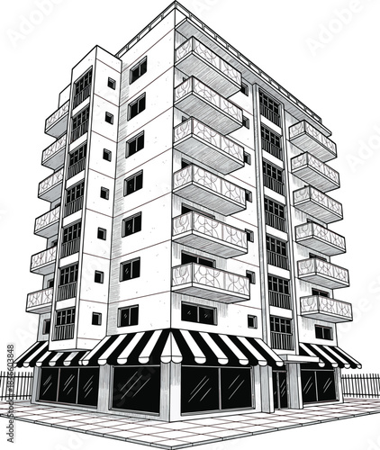 High-Contrast Architectural Illustration: Modern Corner Building with Striped Awning and Balconies