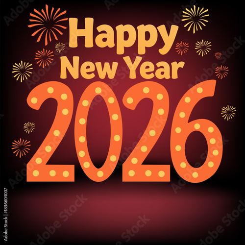 Happy new year 2026 greeting card with glowing text  banner with fireworks on red gradient background 