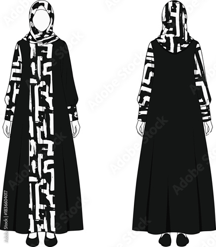 Technical Fashion Flat: Modest Black Abaya/Coat with Bold White Abstract Brushstroke Print Panel