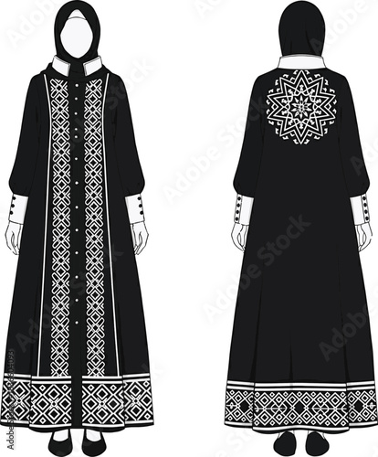 Technical Fashion Flat: Modest Black Abaya/Coat with Geometric White Embroidery and Mandarin Collar