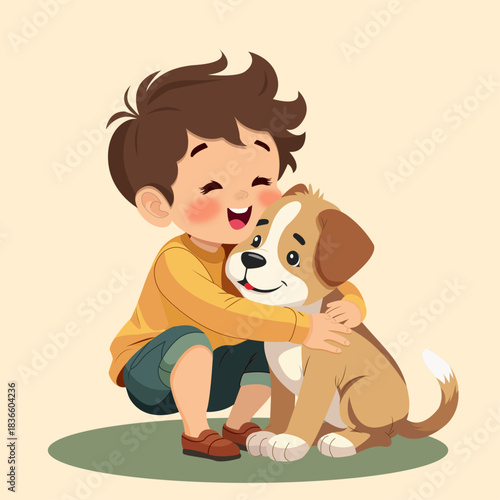 A happy boy hugs a puppy