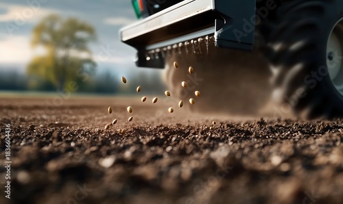 Close up of tractor seeding seeds into soil in countryside farm area