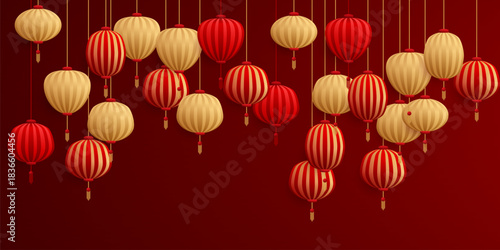 Traditional oriental red, gold paper lanterns hanging from top. Chinese New Year, Mid-Autumn Festival decoration. East Asia holiday celebration vector wallpaper, vector illustration.