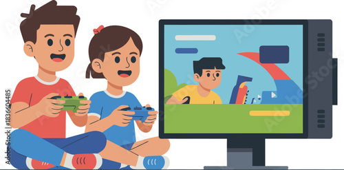 Excited Boy and Girl Playing Video Game Together on Television Having Fun with Controller and Enjoying Entertainment