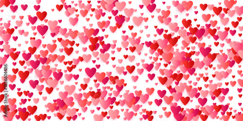 Red, pink flying paper hearts scatter on white backdrop. Seamless romantic pattern, abstract love background vector design. Cute Valentine's Day greeting card, wedding invitation, textile print.