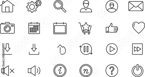 Collection of Black and White Outline Icons for Web and Apps