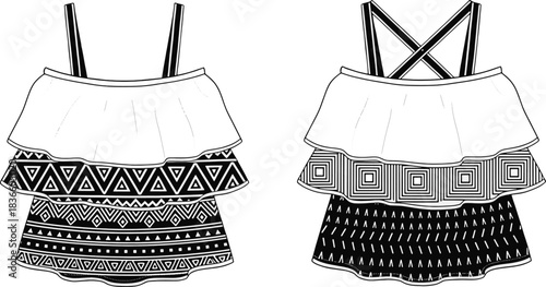 Technical Fashion Flat: Tiered Ruffle Crop Top with Tribal and Geometric Black & White Prints