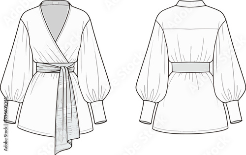 Technical Fashion Flat: Voluminous Sleeve Wrap Top with V-Neckline and Flowing Self-Tie Belt