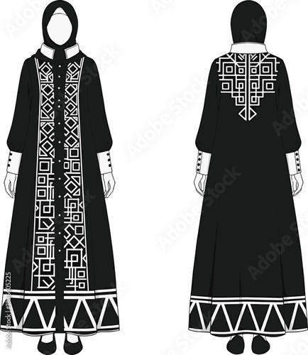 Technical Fashion Flat: Modest Black Abaya with Bold White Geometric Pattern Panel and Contrast Cuffs