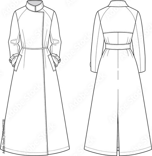 Technical Fashion Sketch: High-Collar Raglan Sleeve Maxi Trench Coat with Belt and Back Vent