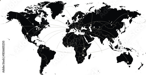 Digital Global Network Map: High-Contrast Black & White World Map with Central European Connection Hub