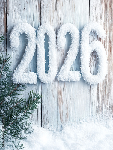 Frost-covered 2026 numbers on rustic wooden boards with pine branches and snow, creating a cozy winter holiday greeting.