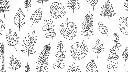 Seamless Pattern of Hand- Drawn Tropical Leaves Keywords: pattern, seamless, tropical, leaves